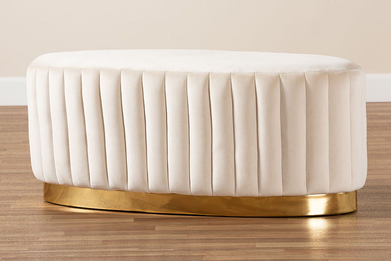 Psinta Beige Velvet Fabric Upholstered and Gold PU Leather Ottoman Baxton