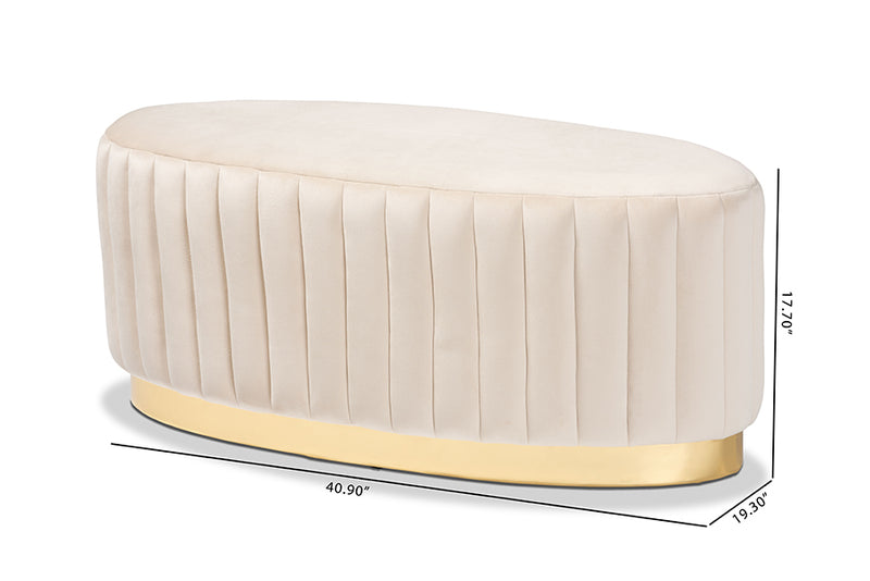 Psinta Glam and Luxe Beige Velvet Fabric Upholstered and Gold PU Leather Ottoman