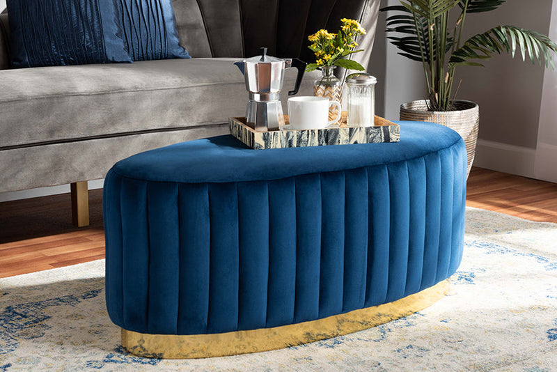 Psinta Navy Blue Velvet Fabric Upholstered and Gold PU Leather Ottoman Baxton