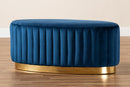 Psinta Navy Blue Velvet Fabric Upholstered and Gold PU Leather Ottoman Baxton