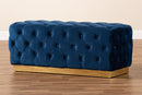 Carra Navy Blue Velvet Fabric Upholstered and Gold PU Leather Ottoman Baxton