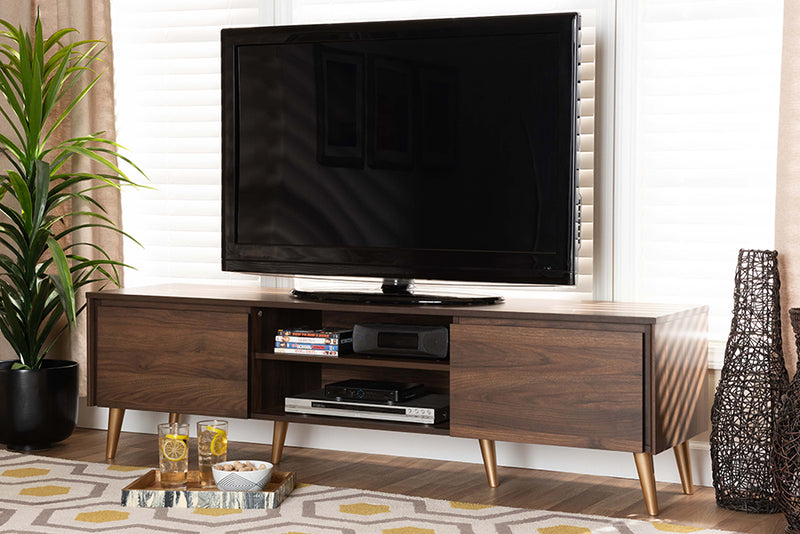 Liam Mid-Century Modern Walnut Brown and Gold Finished Wood TV Stand