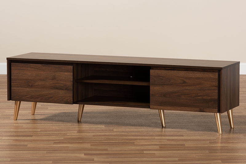 Liam Mid-Century Modern Walnut Brown and Gold Finished Wood TV Stand