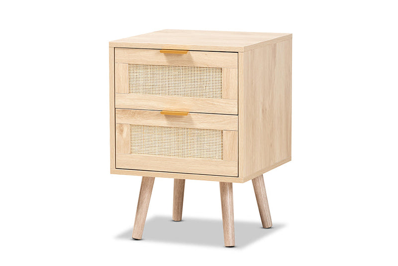 Malle Light Oak Brown and Rattan 2-Drawer End Table Baxton