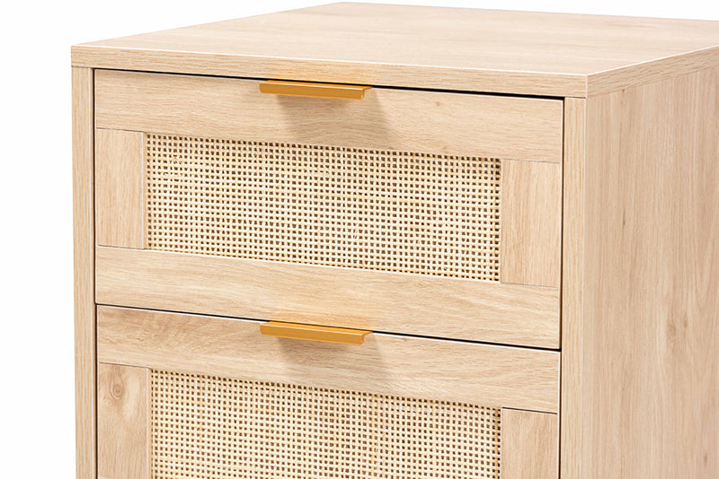 Malle Light Oak Brown and Rattan 2-Drawer End Table Baxton