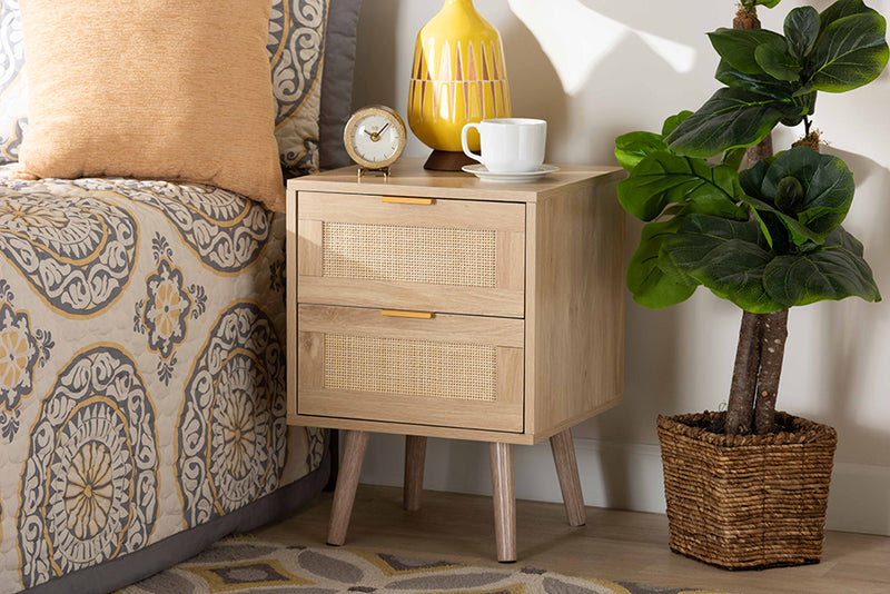 Malle Mid-Century Modern Light Oak Brown Finished Wood and Rattan 2-Drawer End Table