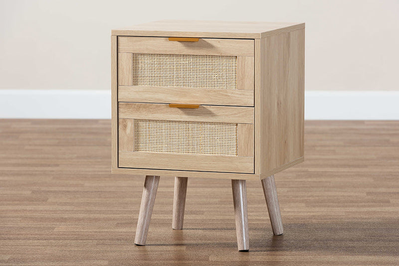 Malle Light Oak Brown and Rattan 2-Drawer End Table Baxton