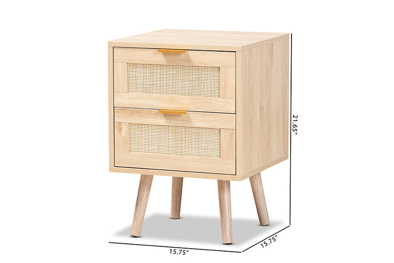 Malle Mid-Century Modern Light Oak Brown Finished Wood and Rattan 2-Drawer End Table