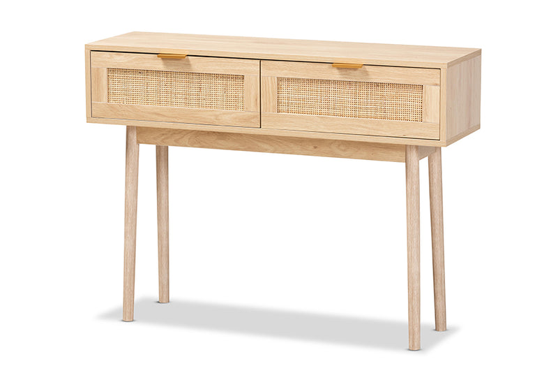 Malle Mid-Century Modern Light Oak Brown Finished Wood and Rattan 2-Drawer Console Table