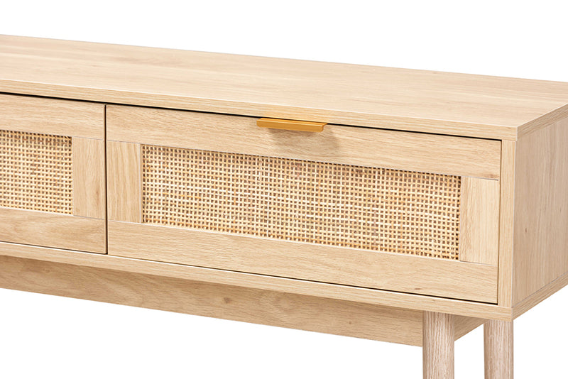 Malle Mid-Century Modern Light Oak Brown Finished Wood and Rattan 2-Drawer Console Table