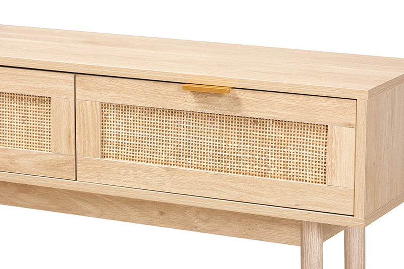Malle Light Oak Brown and Rattan 2-Drawer Console Table Baxton