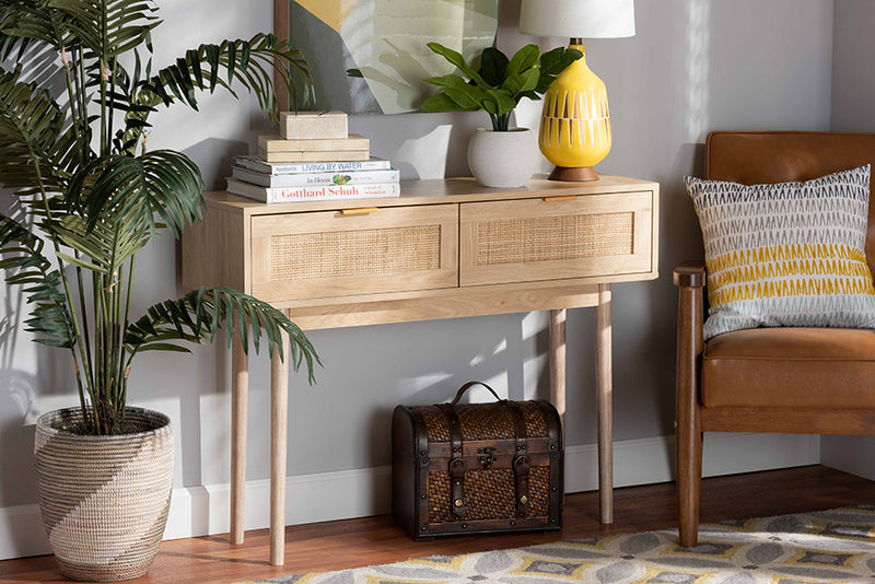 Malle Mid-Century Modern Light Oak Brown Finished Wood and Rattan 2-Drawer Console Table