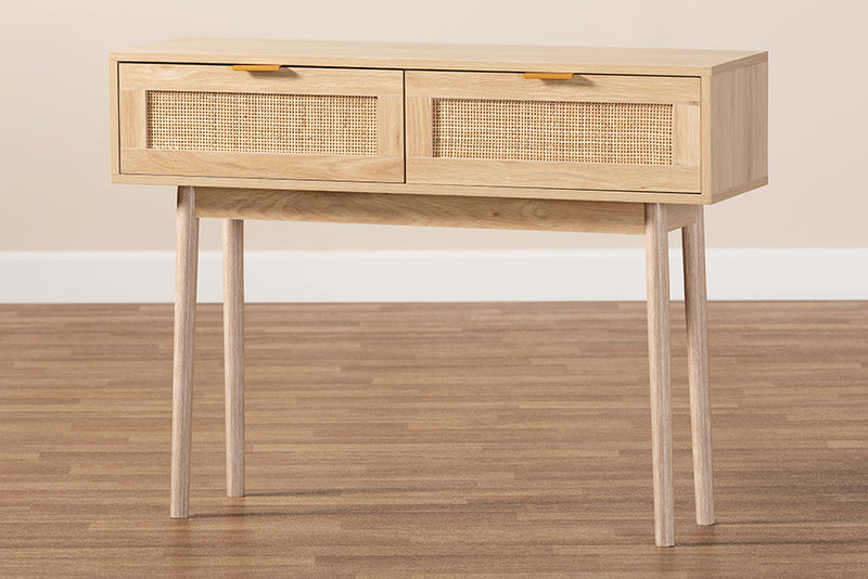 Malle Mid-Century Modern Light Oak Brown Finished Wood and Rattan 2-Drawer Console Table