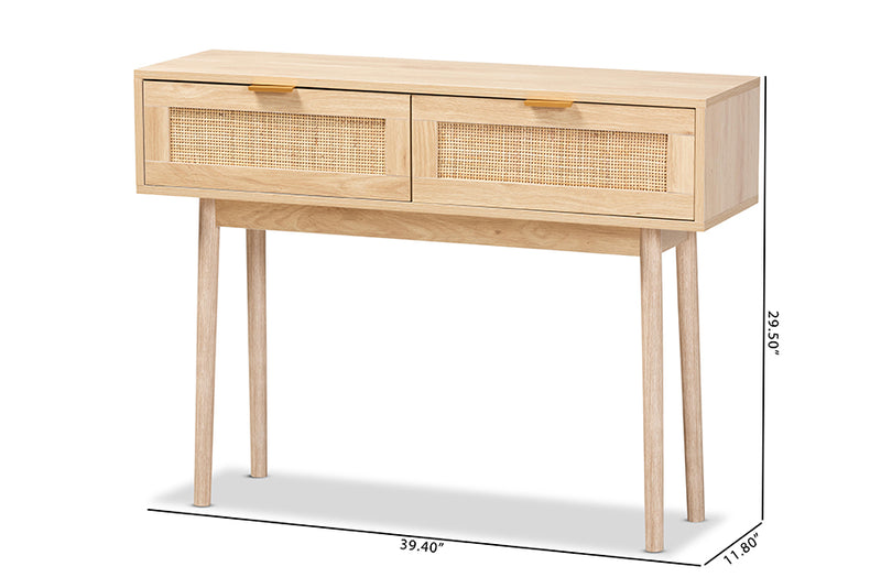 Malle Mid-Century Modern Light Oak Brown Finished Wood and Rattan 2-Drawer Console Table