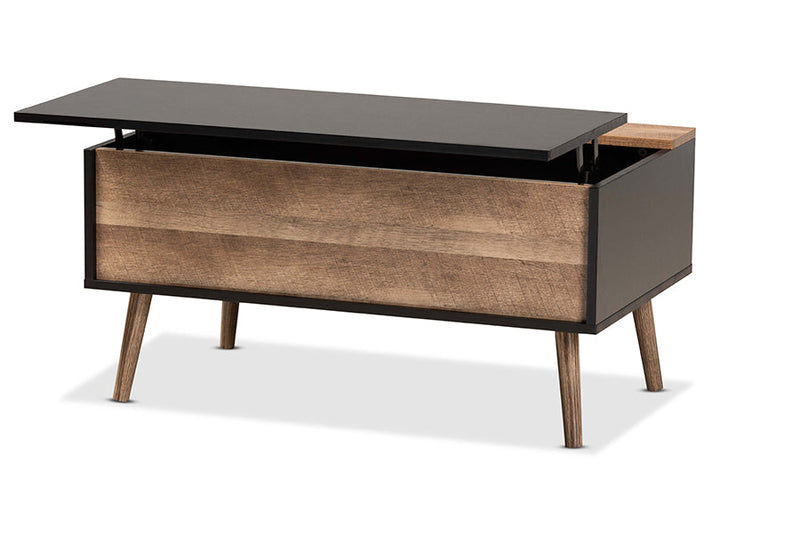 Catherine Two-Tone Black and Rustic Brown Lift Top Coffee Table Baxton