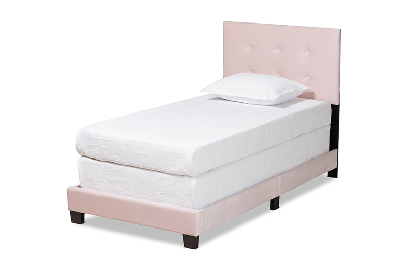 Deacon Modern and Contemporary Glam Light Pink Velvet Fabric Upholstered Twin Size Panel Bed