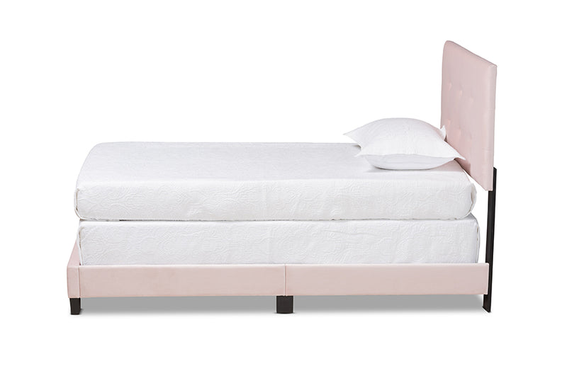 Deacon Modern and Contemporary Glam Light Pink Velvet Fabric Upholstered Twin Size Panel Bed