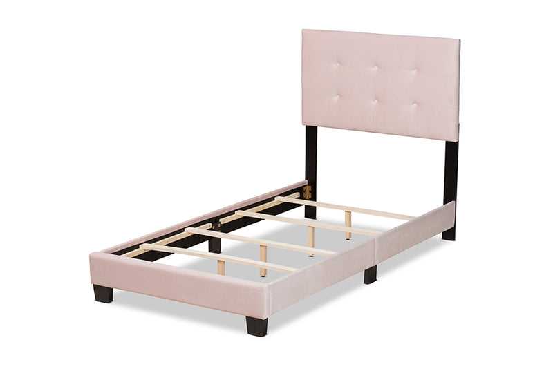 Deacon Modern and Contemporary Glam Light Pink Velvet Fabric Upholstered Twin Size Panel Bed