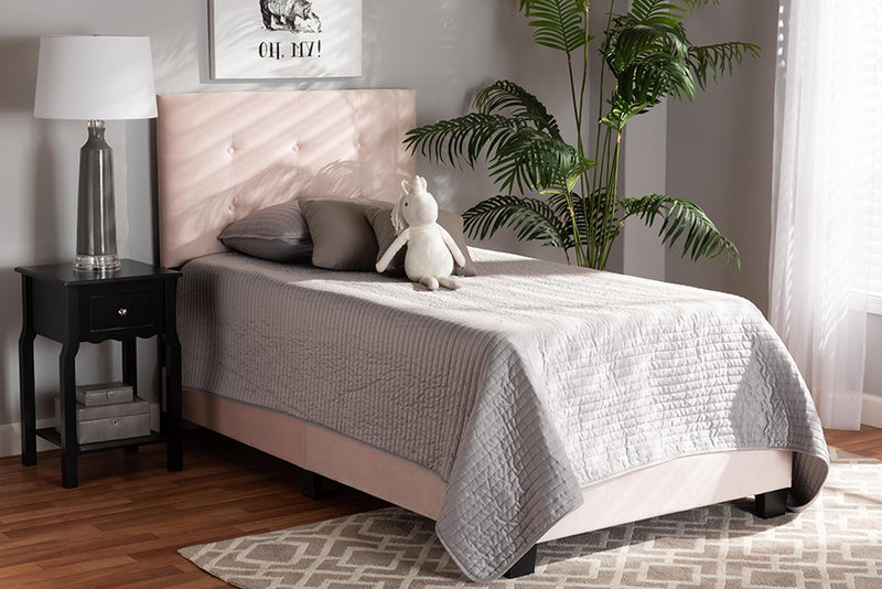 Deacon Modern and Contemporary Glam Light Pink Velvet Fabric Upholstered Twin Size Panel Bed