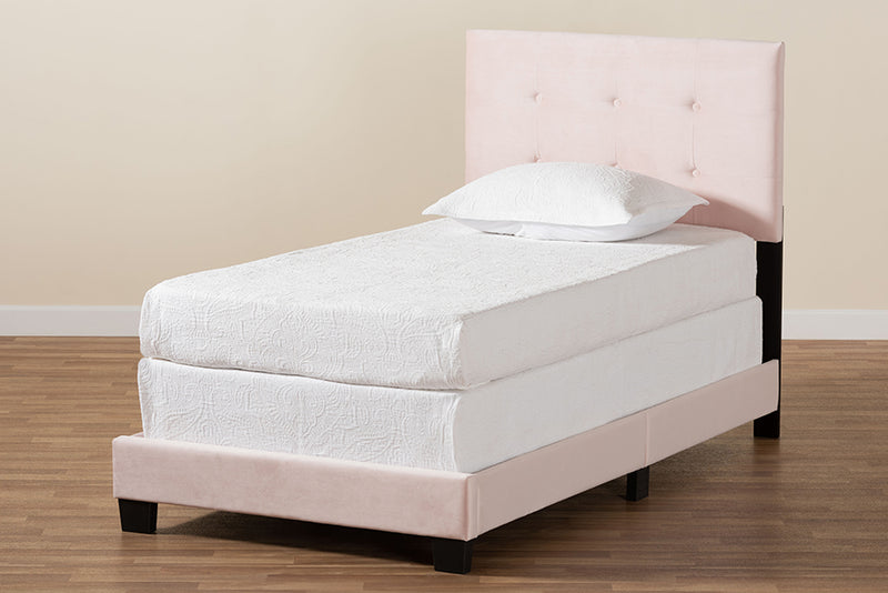 Deacon Modern and Contemporary Glam Light Pink Velvet Fabric Upholstered Twin Size Panel Bed