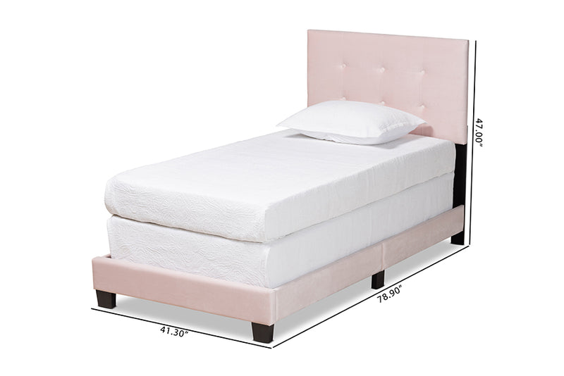 Deacon Modern and Contemporary Glam Light Pink Velvet Fabric Upholstered Twin Size Panel Bed