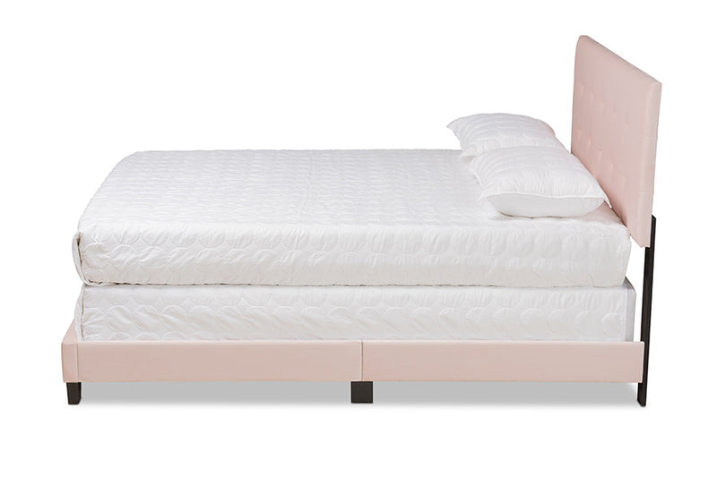 Deacon Modern and Contemporary Glam Light Pink Velvet Fabric Upholstered Queen Size Panel Bed