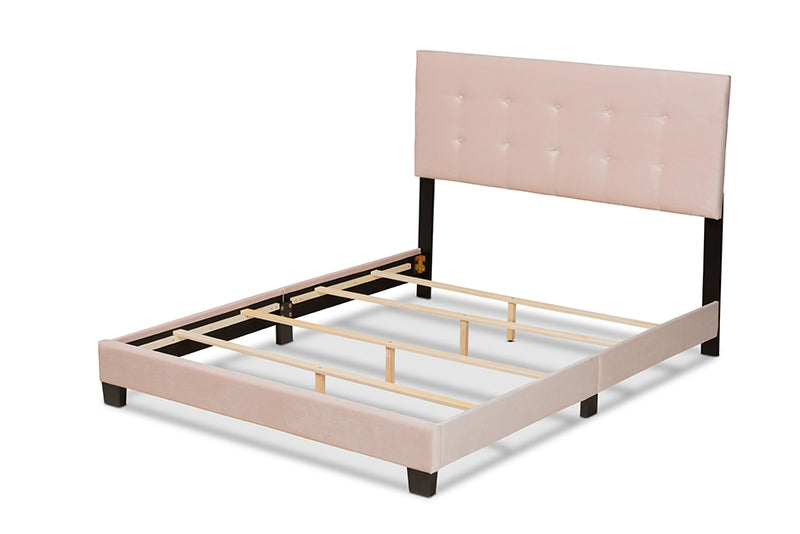 Deacon Modern and Contemporary Glam Light Pink Velvet Fabric Upholstered Queen Size Panel Bed