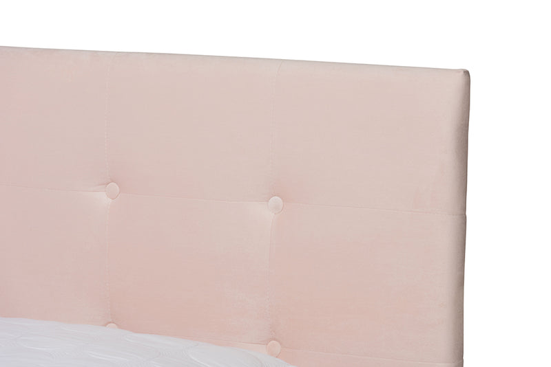 Deacon Modern and Contemporary Glam Light Pink Velvet Fabric Upholstered Queen Size Panel Bed