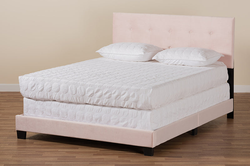 Deacon Modern and Contemporary Glam Light Pink Velvet Fabric Upholstered Queen Size Panel Bed