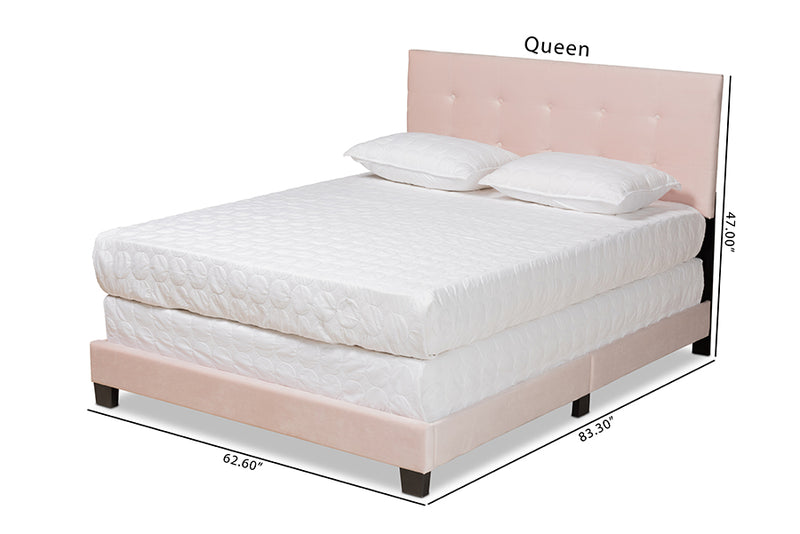 Deacon Modern and Contemporary Glam Light Pink Velvet Fabric Upholstered Queen Size Panel Bed