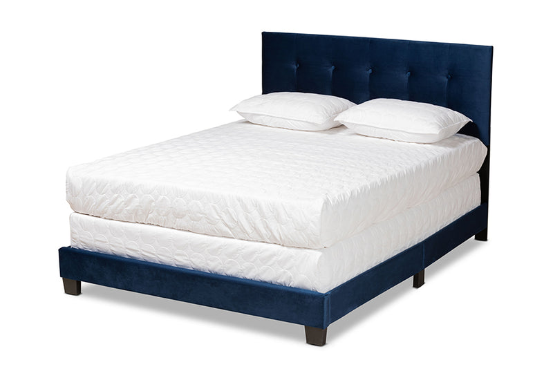 Deacon Modern and Contemporary Glam Navy Blue Velvet Fabric Upholstered Queen Size Panel Bed