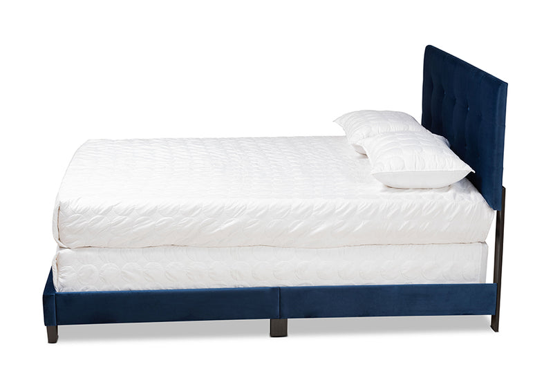 Deacon Modern and Contemporary Glam Navy Blue Velvet Fabric Upholstered Queen Size Panel Bed