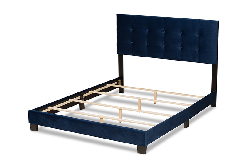 Deacon Modern and Contemporary Glam Navy Blue Velvet Fabric Upholstered Queen Size Panel Bed