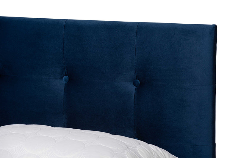 Deacon Modern and Contemporary Glam Navy Blue Velvet Fabric Upholstered Queen Size Panel Bed