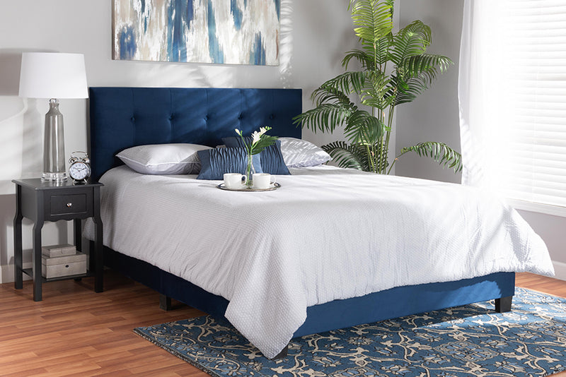 Deacon Modern and Contemporary Glam Navy Blue Velvet Fabric Upholstered Queen Size Panel Bed