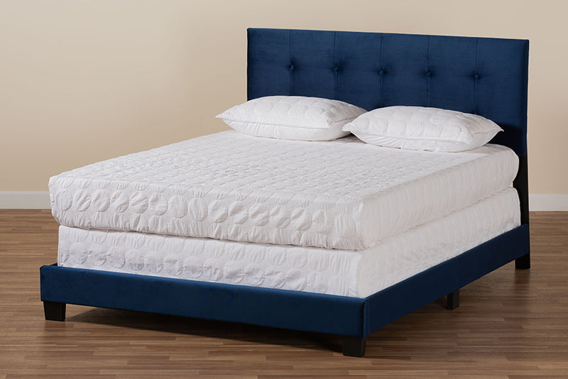 Deacon Modern and Contemporary Glam Navy Blue Velvet Fabric Upholstered Queen Size Panel Bed