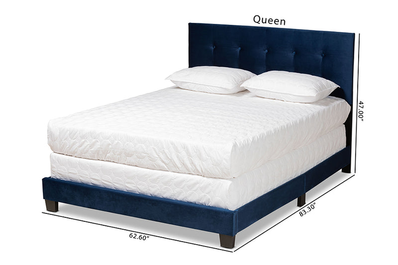 Deacon Modern and Contemporary Glam Navy Blue Velvet Fabric Upholstered Queen Size Panel Bed