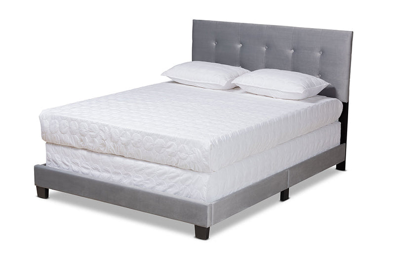 Deacon Glam Gray Velvet Fabric Upholstered Queen Size Panel Bed Baxton