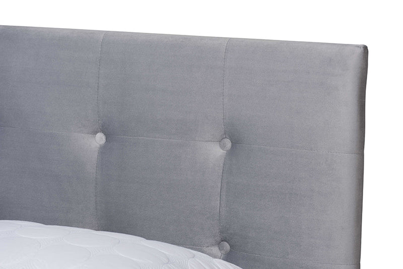 Deacon Glam Gray Velvet Fabric Upholstered Queen Size Panel Bed Baxton