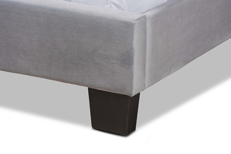 Deacon Glam Gray Velvet Fabric Upholstered Queen Size Panel Bed Baxton
