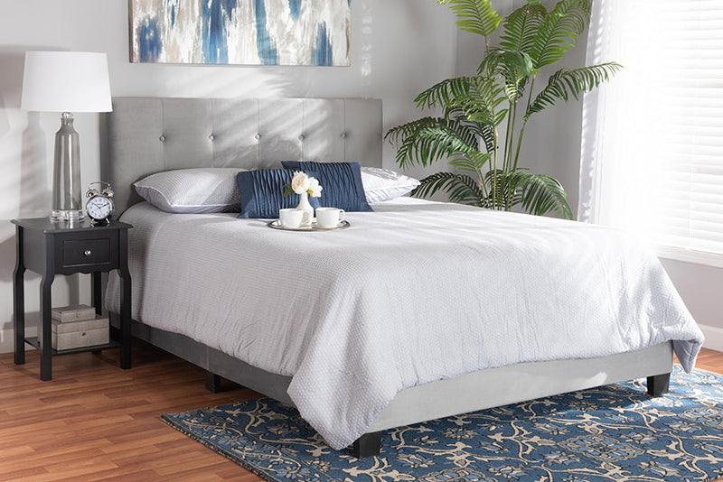 Deacon Glam Gray Velvet Fabric Upholstered Queen Size Panel Bed Baxton