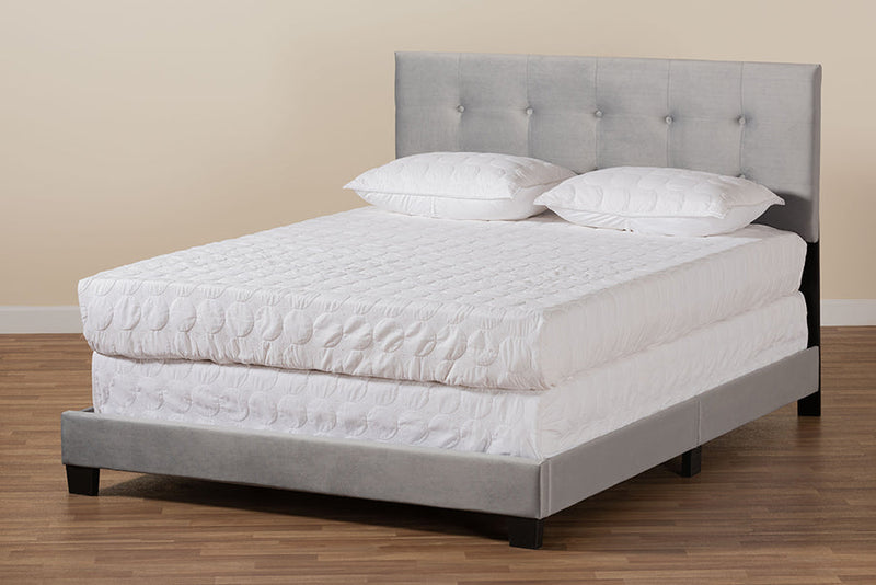 Deacon Glam Gray Velvet Fabric Upholstered Queen Size Panel Bed Baxton