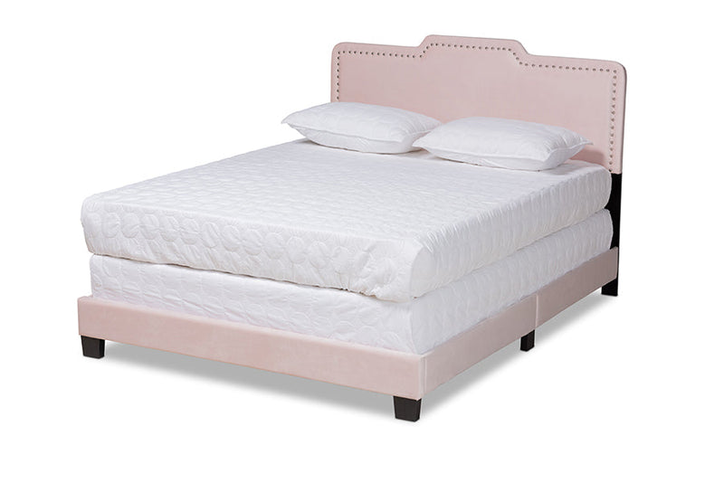 Auburn Glam Light Pink Velvet Fabric Upholstered Queen Size Panel Bed Baxton