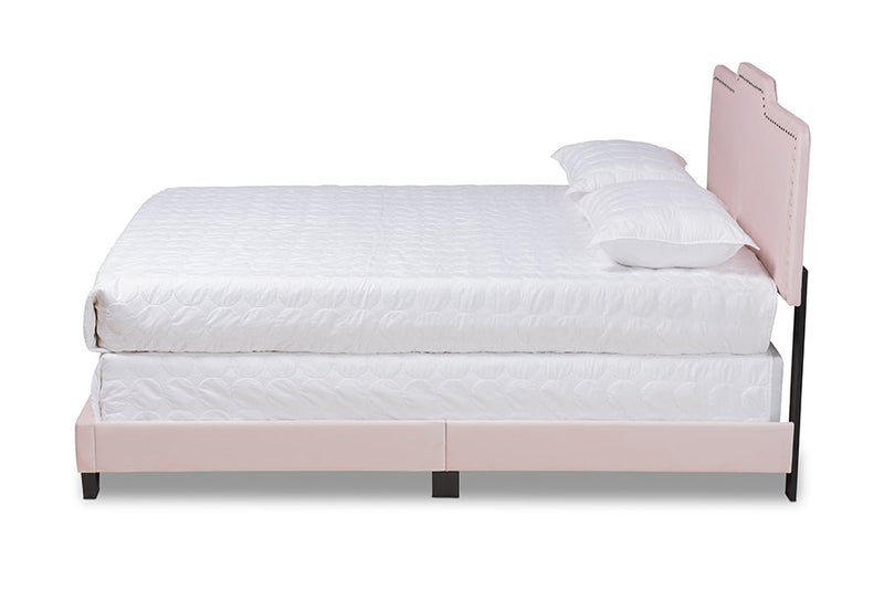 Auburn Glam Light Pink Velvet Fabric Upholstered Queen Size Panel Bed Baxton