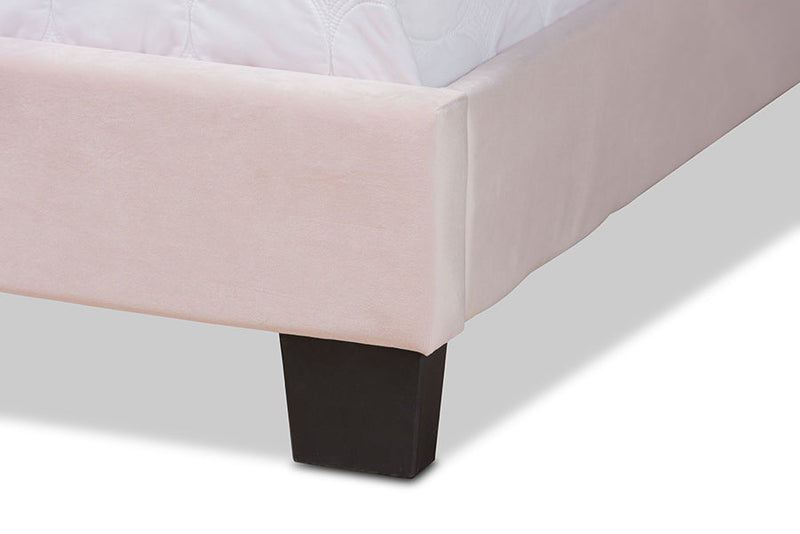 Auburn Glam Light Pink Velvet Fabric Upholstered Queen Size Panel Bed Baxton