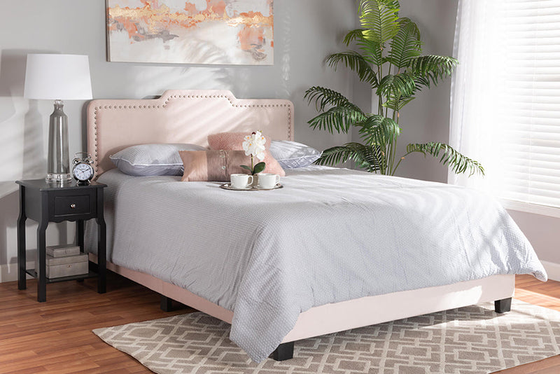 Auburn Glam Light Pink Velvet Fabric Upholstered Queen Size Panel Bed Baxton