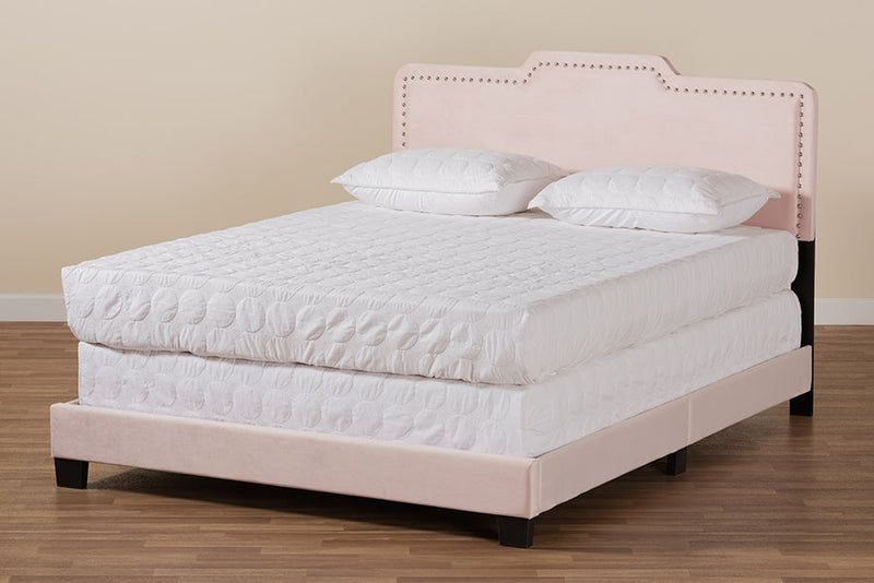 Auburn Glam Light Pink Velvet Fabric Upholstered Queen Size Panel Bed Baxton