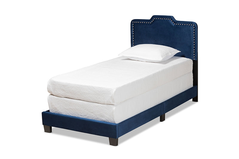 Auburn Modern and Contemporary Glam Navy Blue Velvet Fabric Upholstered Twin Size Panel Bed