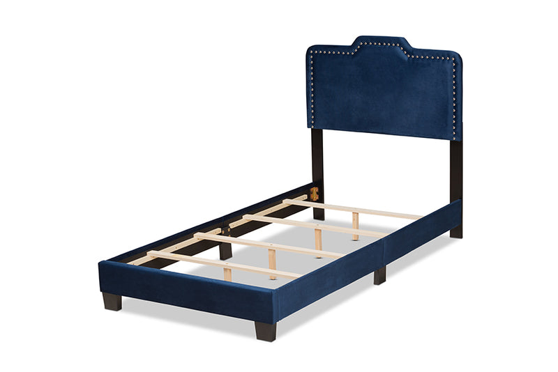 Auburn Modern and Contemporary Glam Navy Blue Velvet Fabric Upholstered Twin Size Panel Bed