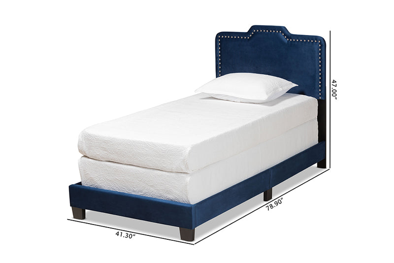 Auburn Modern and Contemporary Glam Navy Blue Velvet Fabric Upholstered Twin Size Panel Bed